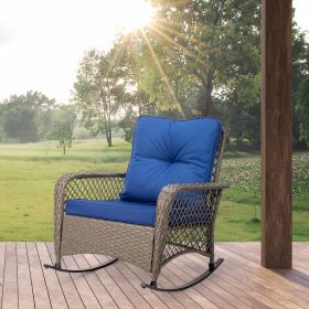 Modern Porch Wicker Rocking Chair for Outdoor Patio,All Weather Rattan Rocker,Brown Rattan, Beige Cushion (Color: Blue) Modern Porch Wicker Rocking Chair for Outdoor Patio,All Weather Rattan Rocker,Brown Rattan, Beige Cushion (Color: Blue)